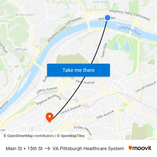 Main St + 15th St to VA Pittsburgh Healthcare System map