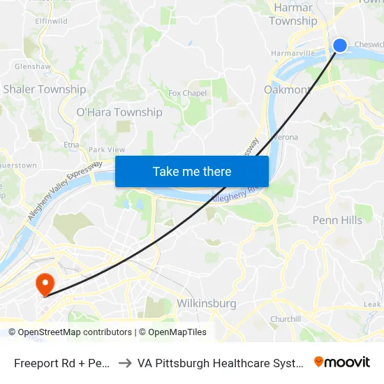 Freeport Rd + Pearl to VA Pittsburgh Healthcare System map