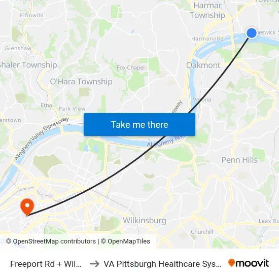 Freeport Rd + Wilson to VA Pittsburgh Healthcare System map