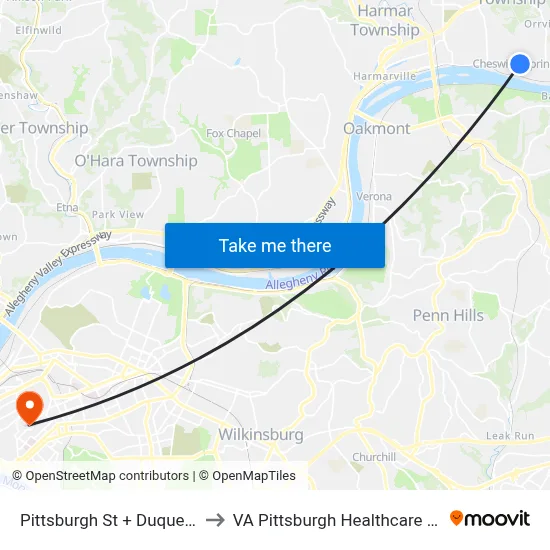 Pittsburgh St + Duquesne Ct to VA Pittsburgh Healthcare System map