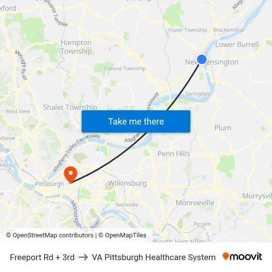 Freeport Rd + 3rd to VA Pittsburgh Healthcare System map