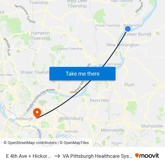 E 4th Ave + Hickory Al to VA Pittsburgh Healthcare System map