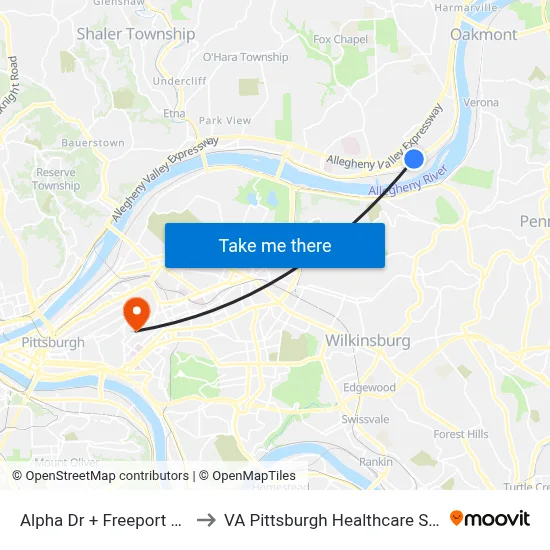 Alpha Dr + Freeport Rd FS to VA Pittsburgh Healthcare System map