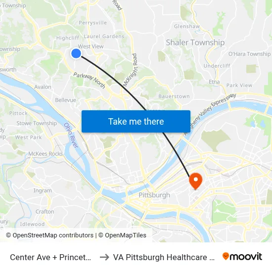 Center Ave + Princeton Ave to VA Pittsburgh Healthcare System map