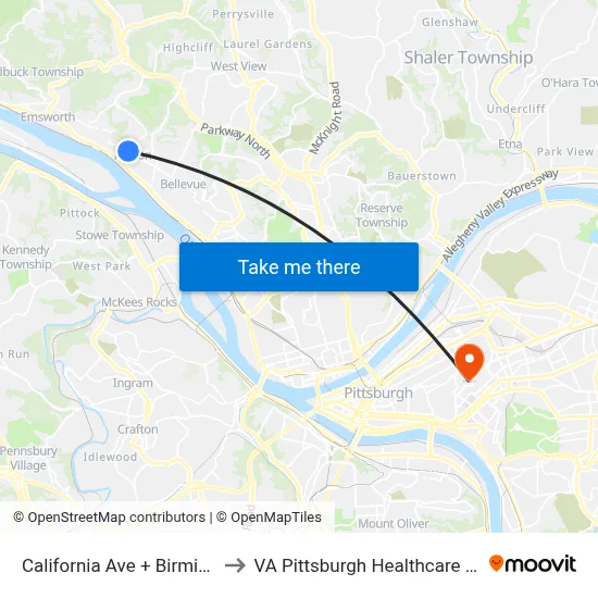California Ave + Birmingham to VA Pittsburgh Healthcare System map