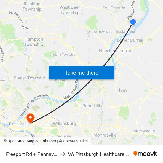 Freeport Rd + Pennsylvania to VA Pittsburgh Healthcare System map