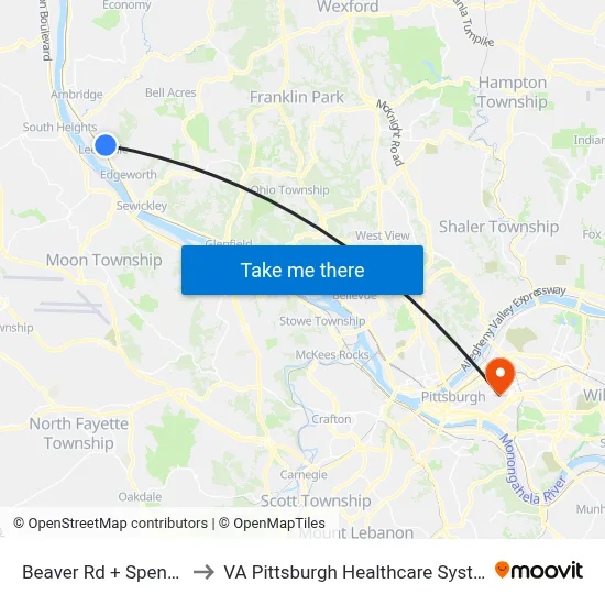 Beaver Rd + Spencer to VA Pittsburgh Healthcare System map