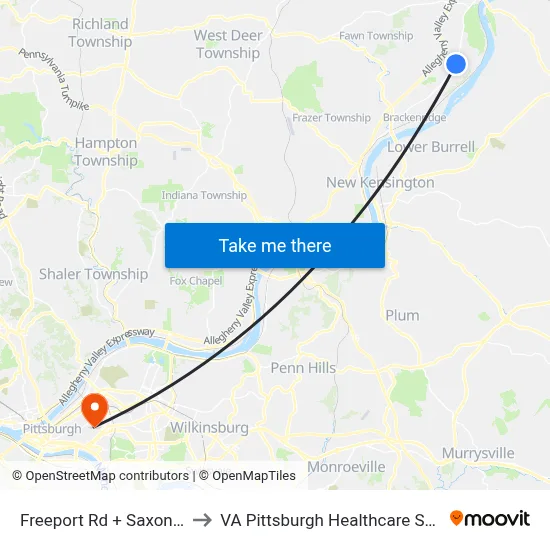 Freeport Rd + Saxonburg to VA Pittsburgh Healthcare System map
