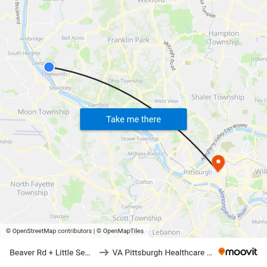 Beaver Rd + Little Sewickley to VA Pittsburgh Healthcare System map