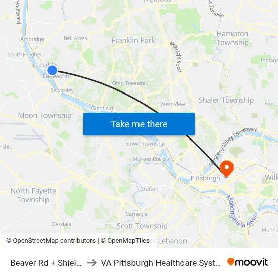 Beaver Rd + Shields to VA Pittsburgh Healthcare System map
