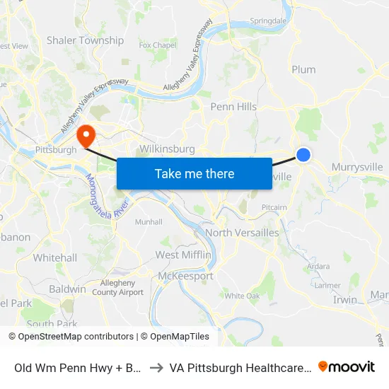 Old Wm Penn Hwy + Bayhill Dr to VA Pittsburgh Healthcare System map