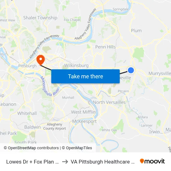 Lowes Dr + Fox Plan Rd FS to VA Pittsburgh Healthcare System map