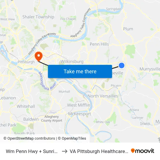 Wm Penn Hwy + Sunrise Hotel to VA Pittsburgh Healthcare System map