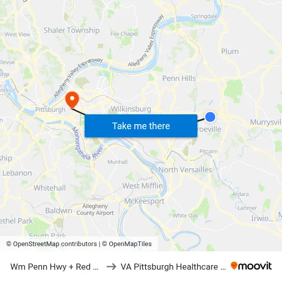 Wm Penn Hwy + Red Lobster to VA Pittsburgh Healthcare System map