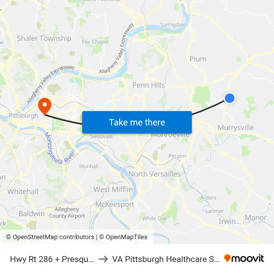 Hwy Rt 286 + Presque Isle to VA Pittsburgh Healthcare System map