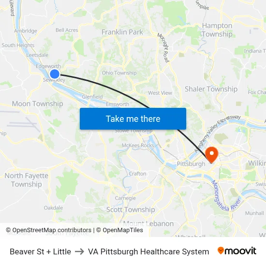 Beaver St + Little to VA Pittsburgh Healthcare System map