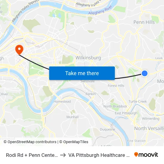 Rodi Rd + Penn Center Blvd to VA Pittsburgh Healthcare System map