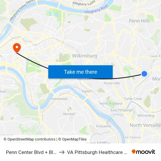 Penn Center Blvd + Bldg #3 to VA Pittsburgh Healthcare System map