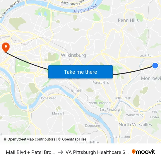 Mall Blvd + Patel Brothers to VA Pittsburgh Healthcare System map