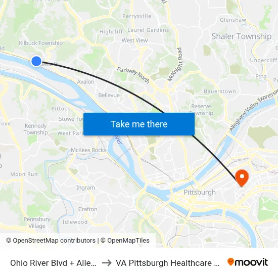 Ohio River Blvd + Allegheny to VA Pittsburgh Healthcare System map