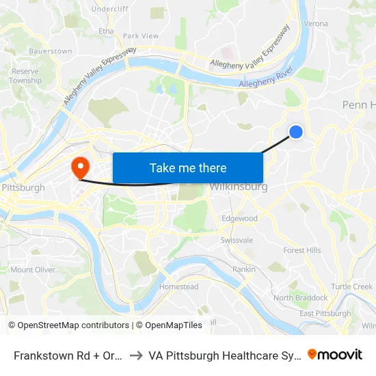 Frankstown Rd + Orin St to VA Pittsburgh Healthcare System map