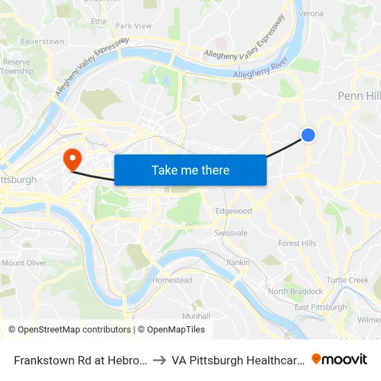 Frankstown Rd at Hebron Church to VA Pittsburgh Healthcare System map