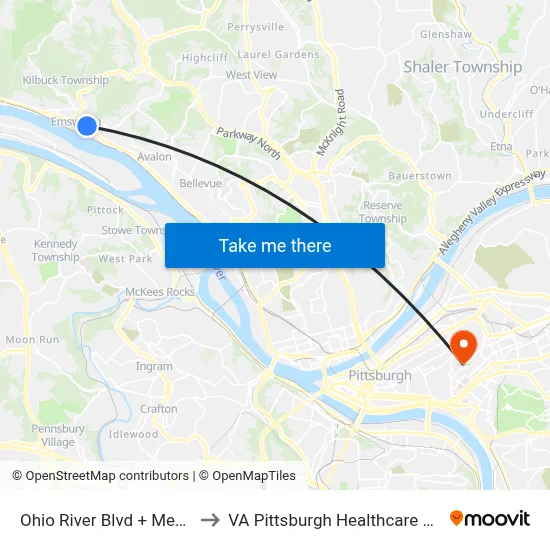 Ohio River Blvd + Memorial to VA Pittsburgh Healthcare System map