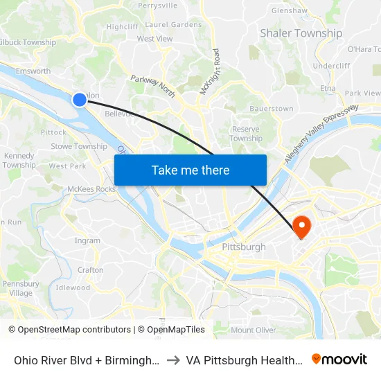 Ohio River Blvd + Birmingham Ave Bridge to VA Pittsburgh Healthcare System map