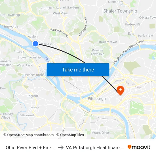 Ohio River Blvd + Eat-N-Park to VA Pittsburgh Healthcare System map