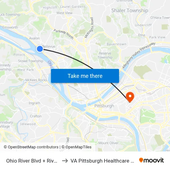 Ohio River Blvd + Riverview to VA Pittsburgh Healthcare System map