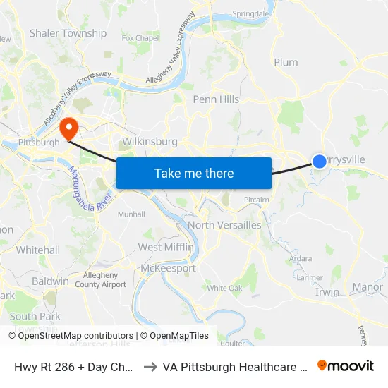 Hwy Rt 286 + Day Chevrolet to VA Pittsburgh Healthcare System map