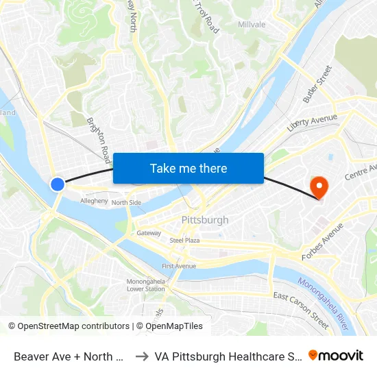 Beaver Ave + North Pointe to VA Pittsburgh Healthcare System map
