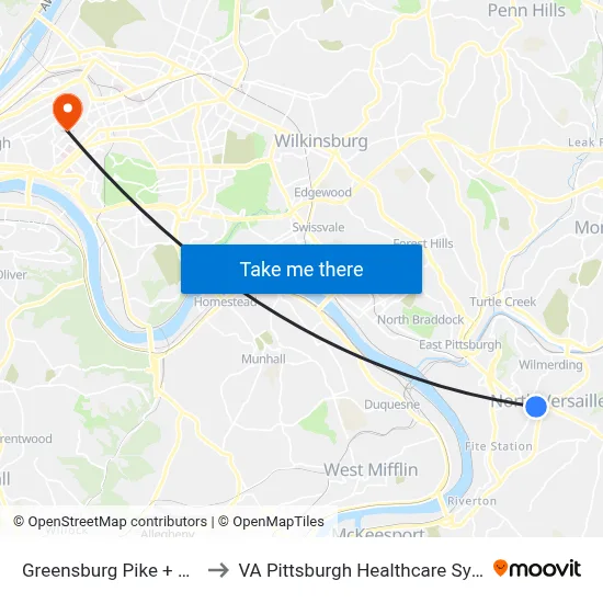 Greensburg Pike + Hilda to VA Pittsburgh Healthcare System map