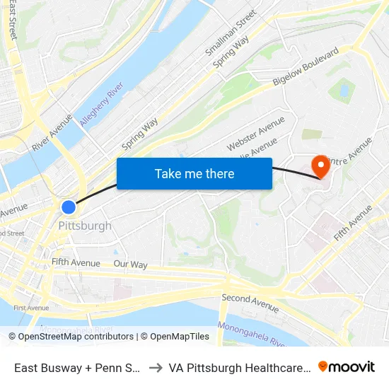 East Busway + Penn Station C to VA Pittsburgh Healthcare System map