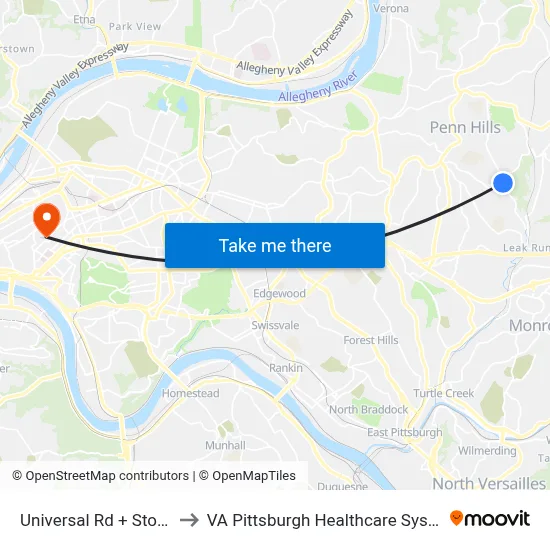 Universal Rd + Stotler to VA Pittsburgh Healthcare System map