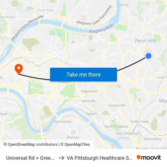 Universal Rd + Greenway to VA Pittsburgh Healthcare System map