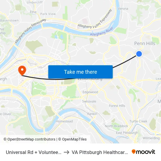 Universal Rd + Volunteer Fire Co to VA Pittsburgh Healthcare System map