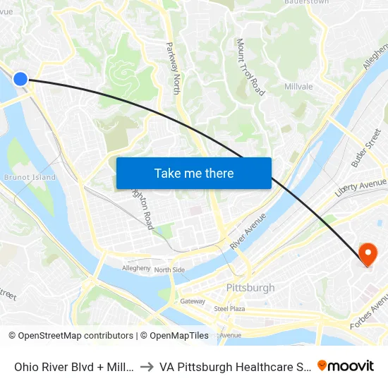 Ohio River Blvd + Millerton to VA Pittsburgh Healthcare System map