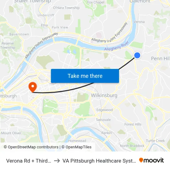 Verona Rd + Third St to VA Pittsburgh Healthcare System map