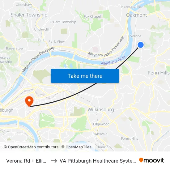 Verona Rd + Elliott to VA Pittsburgh Healthcare System map