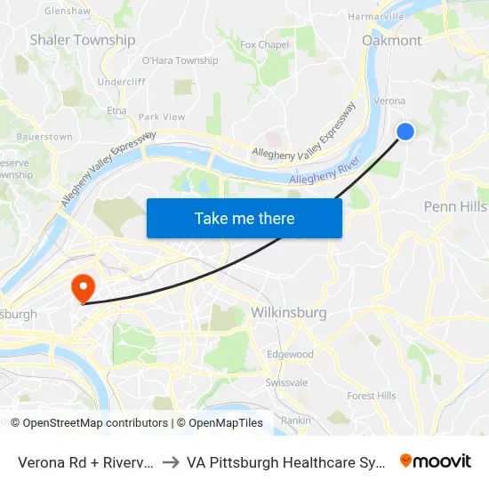 Verona Rd + Riverview to VA Pittsburgh Healthcare System map