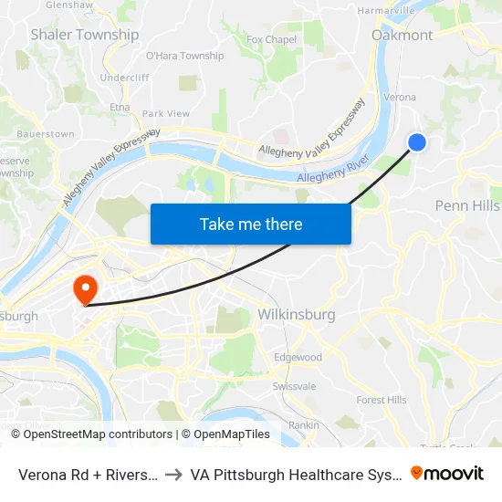 Verona Rd + Riverside to VA Pittsburgh Healthcare System map