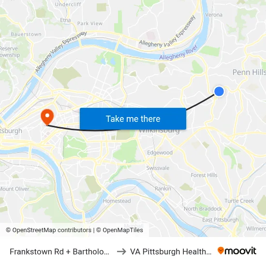 Frankstown Rd + Bartholomew Church Dr to VA Pittsburgh Healthcare System map