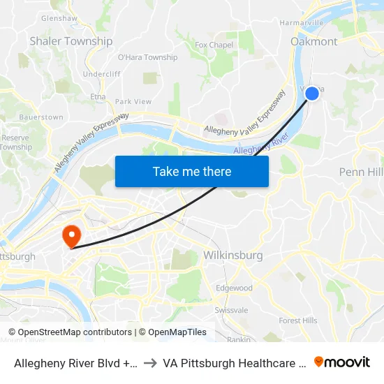 Allegheny River Blvd + South to VA Pittsburgh Healthcare System map
