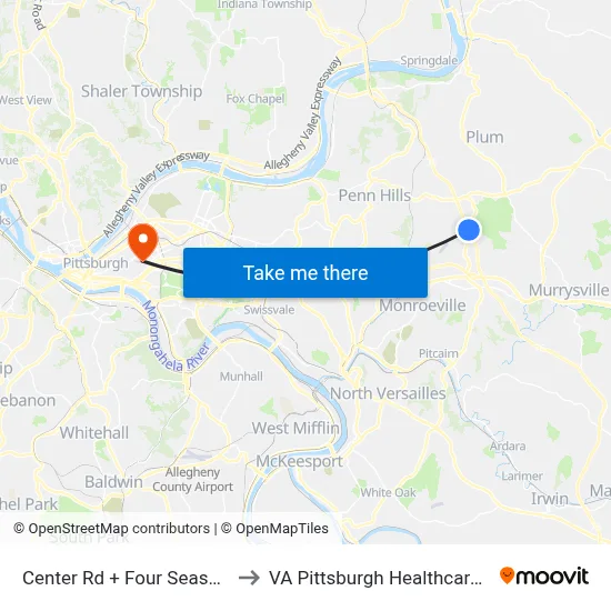 Center Rd + Four Seasons Apts to VA Pittsburgh Healthcare System map