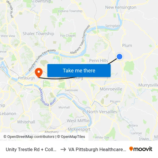 Unity Trestle Rd + College Ave to VA Pittsburgh Healthcare System map