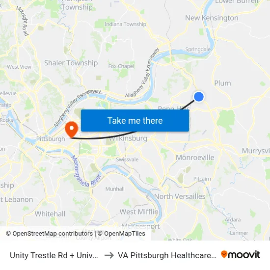 Unity Trestle Rd + Universal Rd to VA Pittsburgh Healthcare System map