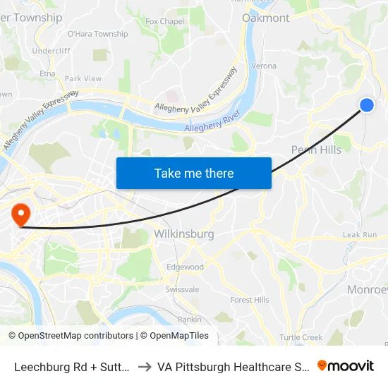 Leechburg Rd + Sutton Dr to VA Pittsburgh Healthcare System map