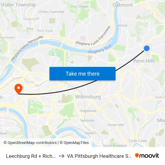 Leechburg Rd + Richey Dr to VA Pittsburgh Healthcare System map