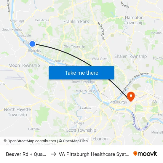 Beaver Rd + Quaker to VA Pittsburgh Healthcare System map